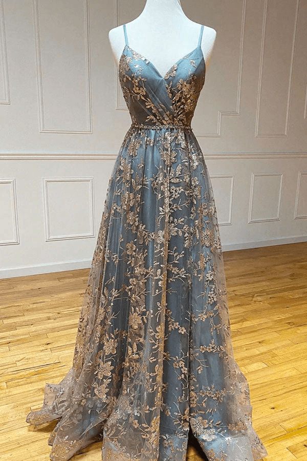 A-Line Tulle Straps Sequins Lace Prom Dress Split Evening Dress TP1120 - Tirdress