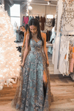 A-Line Tulle Straps Sequins Lace Prom Dress Split Evening Dress  TP1120