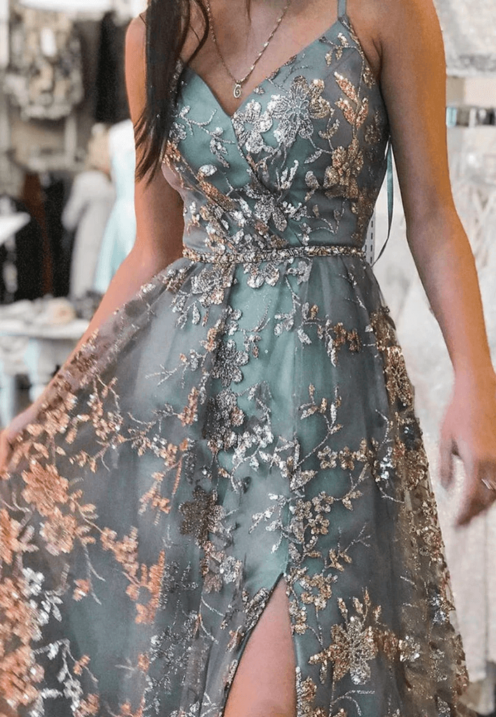 A-Line Tulle Straps Sequins Lace Prom Dress Split Evening Dress TP1120 - Tirdress