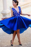 A-Linie, V-Ausschnitt, kurzes, königsblaues Satin-Abendkleid mit Spitze, PG158
