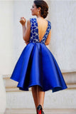A-Line V-Neck Backless Short Royal Blue Satin Homecoming Dress with Lace PG158 - Tirdress