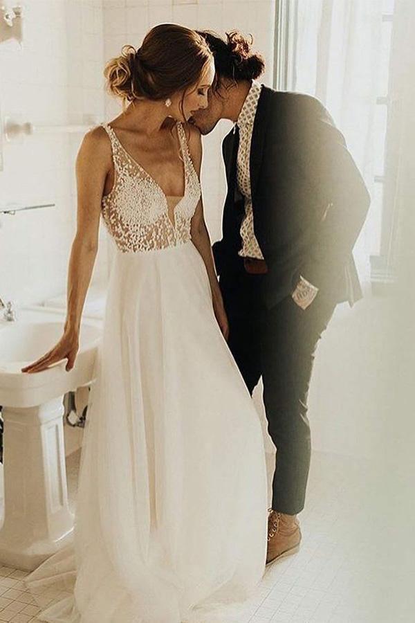 A-Line V-Neck Backless Sweep Train Tulle Sexy Wedding Dress with Pearls TN221 - Tirdress