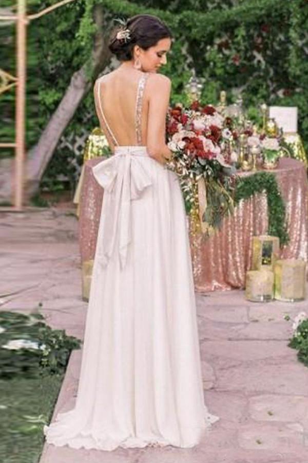 A-Line V-Neck Backless White Chiffon Bridesmaid Dress With Sequins TY0022 - Tirdress