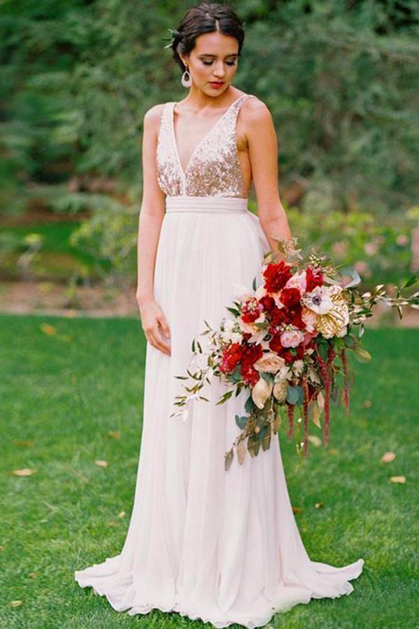 A-Line V-Neck Backless White Chiffon Bridesmaid Dress With Sequins TY0022 - Tirdress