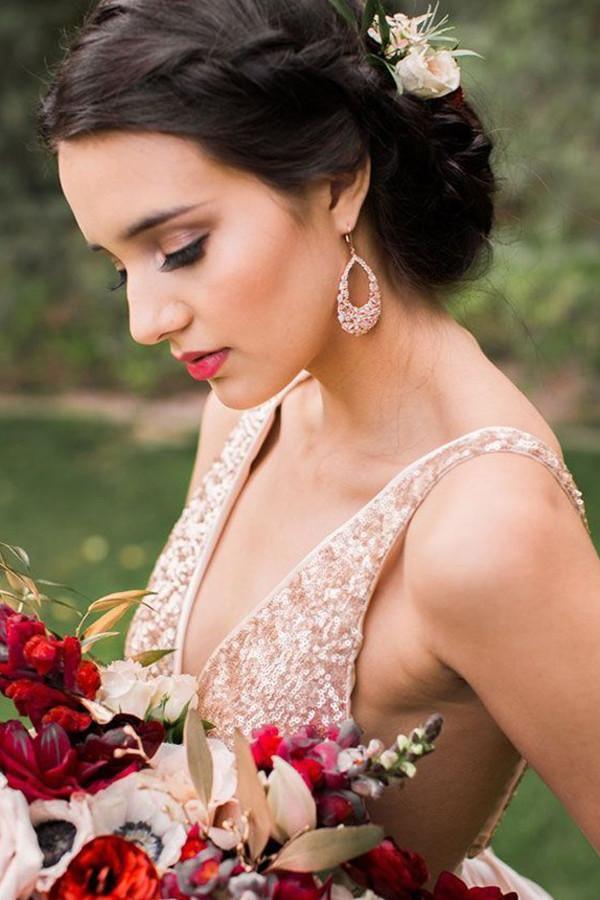 A-Line V-Neck Backless White Chiffon Bridesmaid Dress With Sequins TY0022 - Tirdress