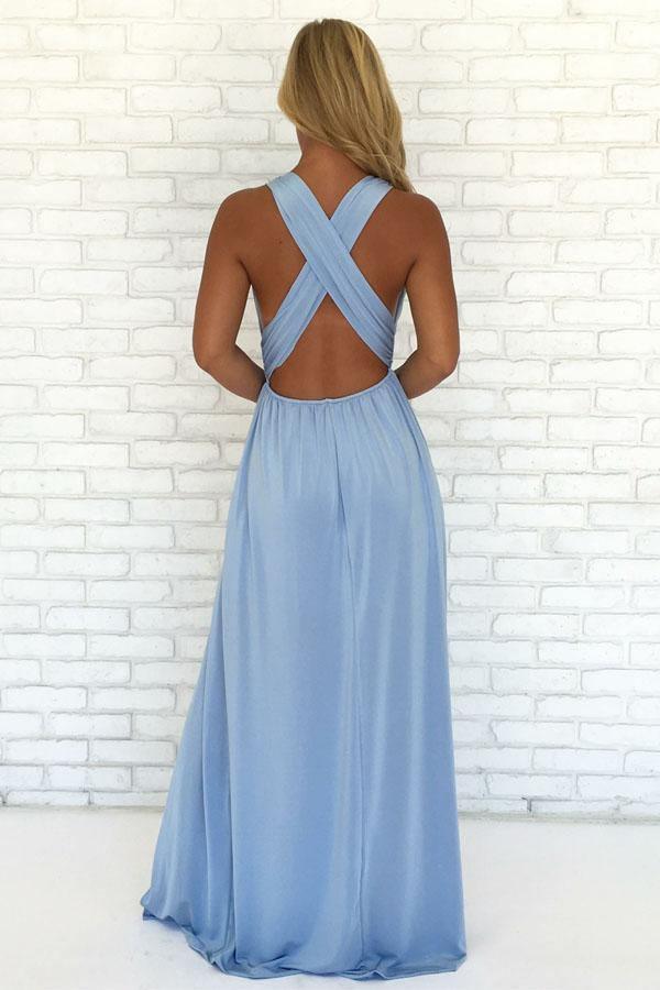 V-Neck Criss-Cross Back Light Blue Chiffon Prom Dress TP0938 Custom Size / Custom Color