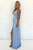 A-Line V-Neck Criss-Cross Back Light Blue Chiffon Prom Dress with Split TP0938 - Tirdress