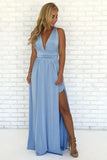 A-Line V-Neck Criss-Cross Back Light Blue Chiffon Prom Dress with Split TP0938 - Tirdress