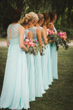 A-Line V-Neck Floor-Length Mint Chiffon Bridesmaid Dress with Lace BD052