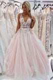 A-Line V-Neck Floor-Length Pink Prom Dress with Appliques Beading TP0917 - Tirdress