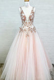 A-Line V-Neck Floor-Length Pink Prom Dress with Appliques Beading TP0917 - Tirdress