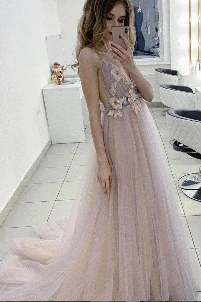 A-Line V-Neck 3D Flower Elegant Tulle Long Prom Dress TP0941 - Tirdress