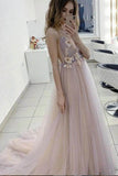 A-Line V-Neck 3D Flower Elegant Tulle Long Prom Dress TP0941 - Tirdress