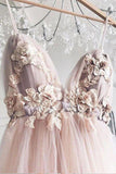 A-Line V-Neck 3D Flower Elegant Tulle Long Prom Dress TP0941 - Tirdress