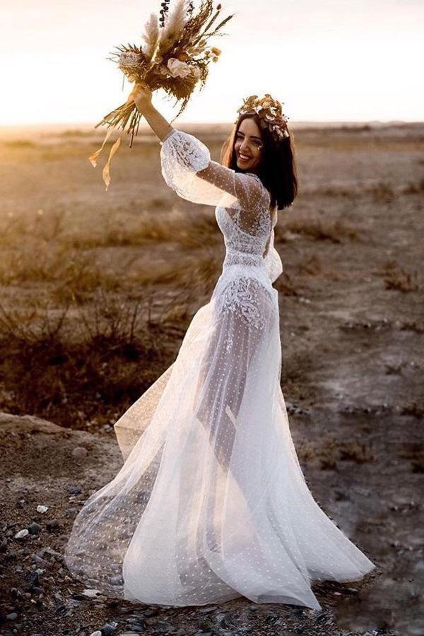 A-Line V-Neck Long Sleeves Beach Wedding Dress with Appliques TN148 US6 / Custom Color A-Line V-Neck Long Sleeves Beach Wedding Dress with Appliques TN148 US6 / Custom Color