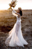 A-Line V-Neck Long Sleeves Beach Wedding Dress with Appliques TN148