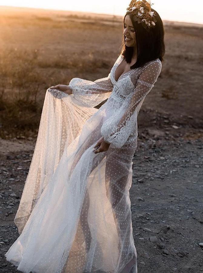 A-Line V-Neck Long Sleeves Beach Wedding Dress with Appliques TN148 Tirdress A-Line V-Neck Long Sleeves Beach Wedding Dress with Appliques TN148 Tirdress
