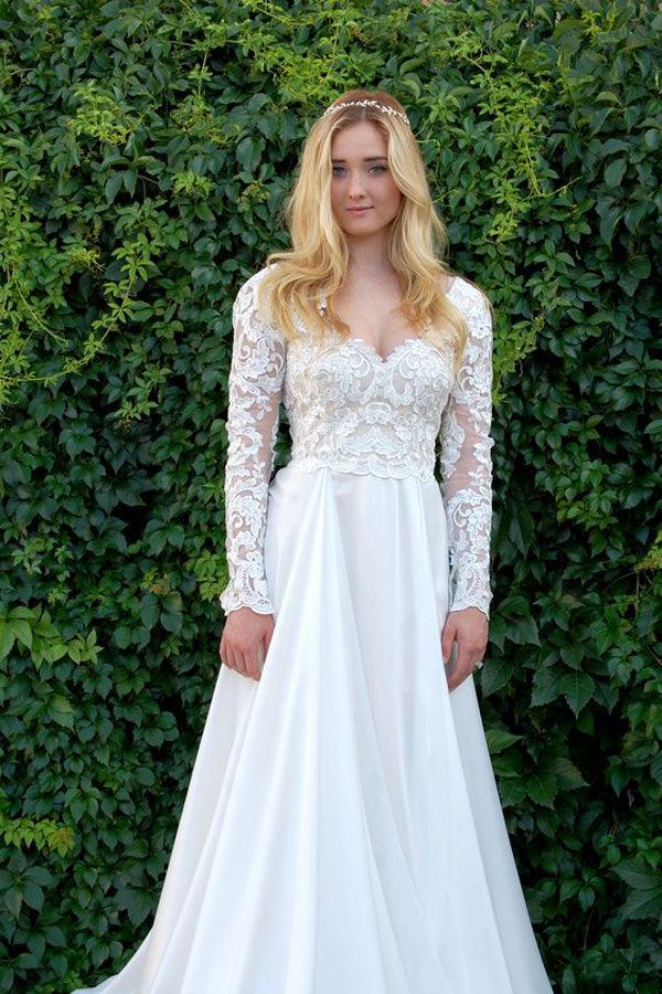 A-Line V-Neck Long Sleeves Wedding Dress with Lace Appliques TN149 - Tirdress