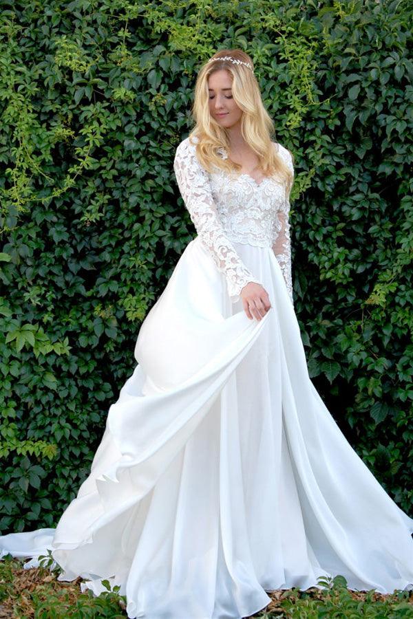 A-Line V-Neck Long Sleeves Wedding Dress with Lace Appliques TN149 - Tirdress