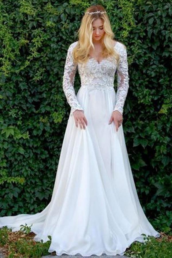A-Line V-Neck Long Sleeves Wedding Dress with Lace Appliques TN149 - Tirdress