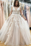 A-Line V-Neck Long Tulle Wedding Dress with Beading Appliques WD080 - Tirdress