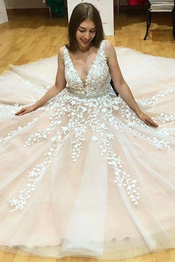 A-Line V-Neck Long Tulle Wedding Dress with Beading Appliques WD080 - Tirdress
