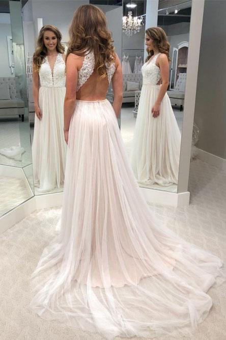 A-Line V-Neck Open Back Tulle Wedding Dress with Lace Bodice TN122 - Tirdress