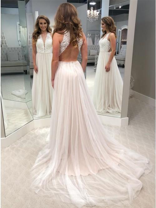 A-Line V-Neck Open Back Tulle Wedding Dress with Lace Bodice TN122 - Tirdress