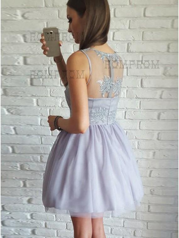 A-Line V-Neck Short Lilac Tulle Homecoming Dress with Lace PG194 - Tirdress