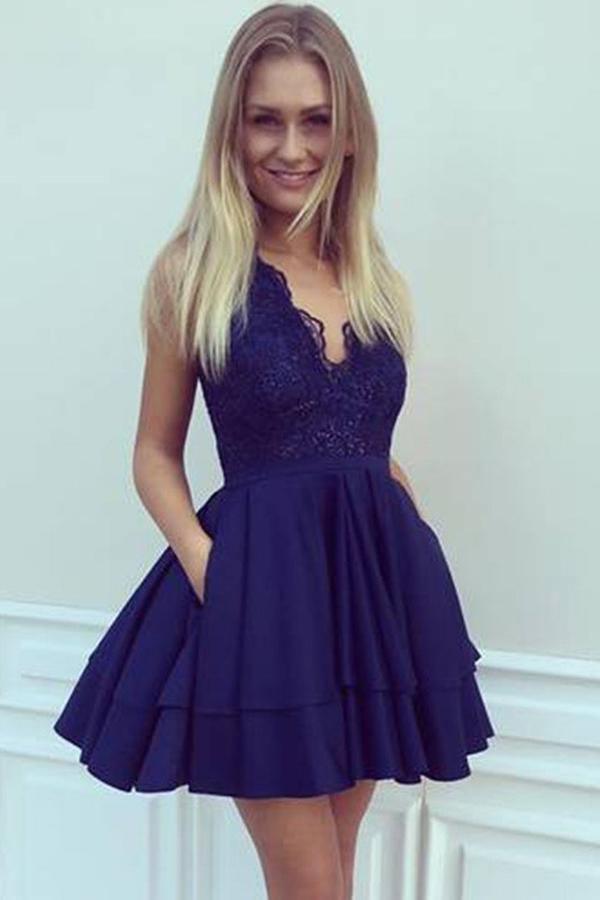 A-Line V-Neck Short Navy Blue Satin Homecoming Dress with Appliques Pockets HD0001 - Tirdress