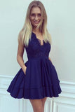 A-Line  V-Neck Short Navy Blue Satin Homecoming Dress with Appliques Pockets HD0001