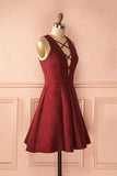 A-Line V-Neck Sleeveless Lace-Up Short Burgundy Satin Homecoming Dress TR0161 - Tirdress