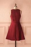 A-Line V-Neck Sleeveless Lace-Up Short Burgundy Satin Homecoming Dress TR0161 - Tirdress