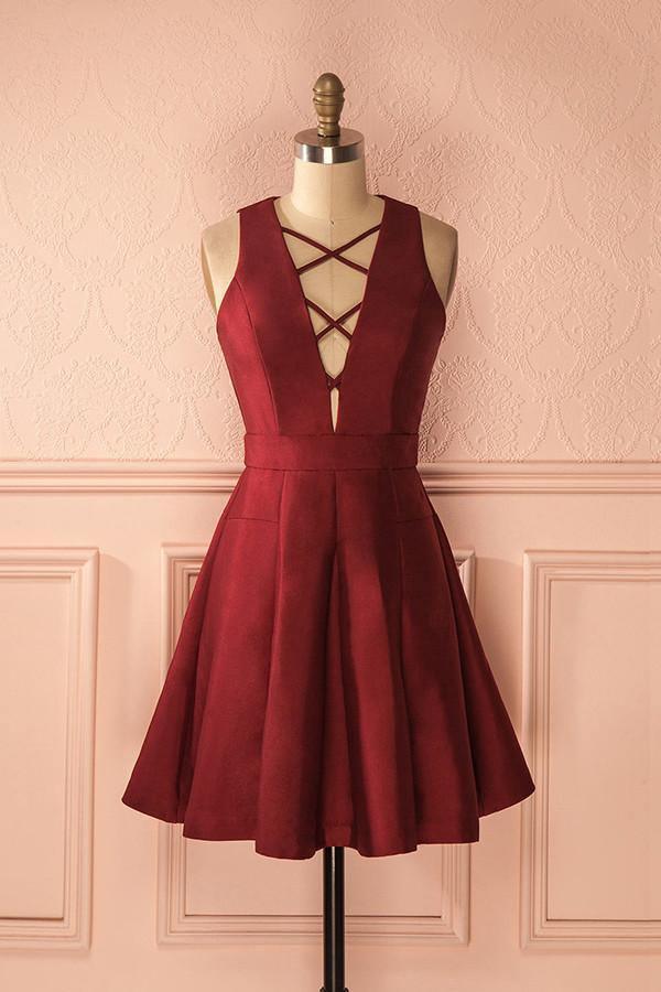 A-Line V-Neck Sleeveless Lace-Up Short Burgundy Satin Homecoming Dress US8 / Custom Color A-Line V-Neck Sleeveless Lace-Up Short Burgundy Satin Homecoming Dress US8 / Custom Color