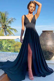 A-Line V-Neck Sweep Train Black Satin Prom Party Dress with Split PG658 - Tirdress