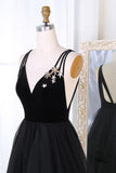 A-Line V-Neck Sweep Train Pleated Tiered Black Tulle Prom Dresses, TP0177 - Tirdress
