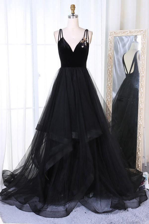 A-Line V-Neck Sweep Train Pleated Tiered Black Tulle Prom Dresses, TP0177 - Tirdress