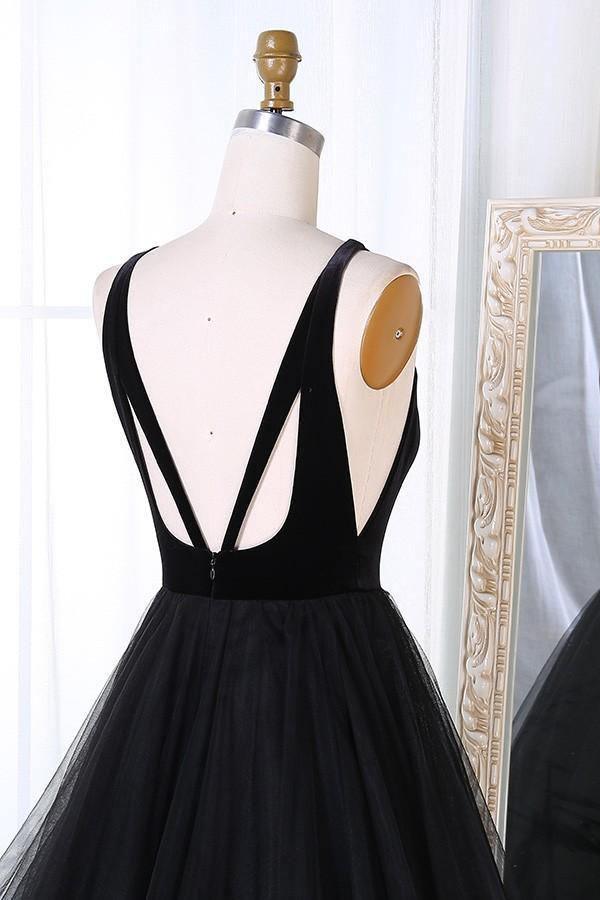 A-Line V-Neck Sweep Train Pleated Tiered Black Tulle Prom Dresses, TP0177 - Tirdress