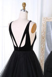 A-Line V-Neck Sweep Train Pleated Tiered Black Tulle Prom Dresses, TP0177 - Tirdress