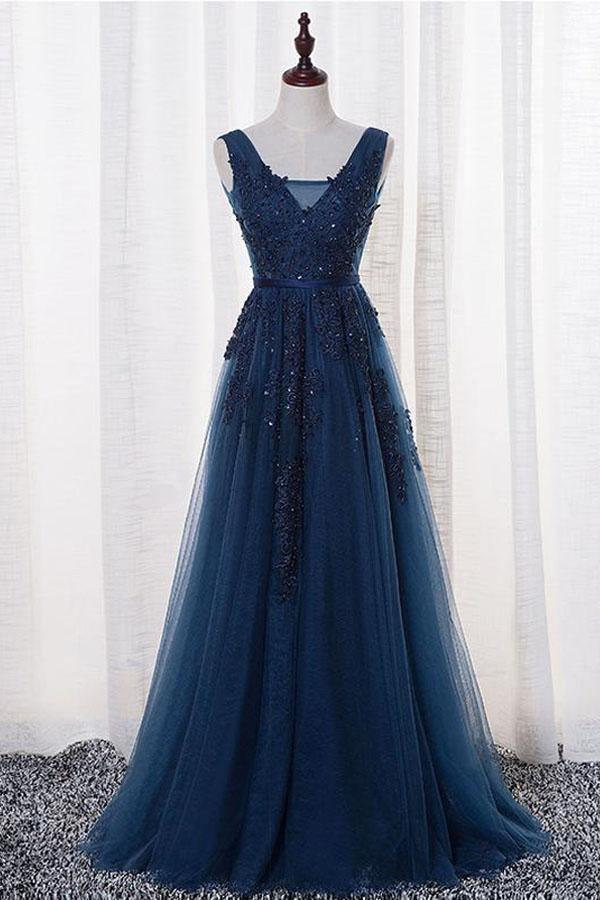 A-Line V-neck Floor length Tulle Prom/Evening Dress With Appliques TP0923 - Tirdress