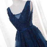 A-Line V-neck Floor length Tulle Prom/Evening Dress With Appliques TP0923 - Tirdress