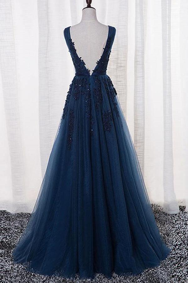 A-Line V-neck Floor length Tulle Prom/Evening Dress With Appliques TP0923 - Tirdress
