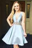 A-Line V-neck Light Blue Satin Homecoming Dress with Beading HD0022