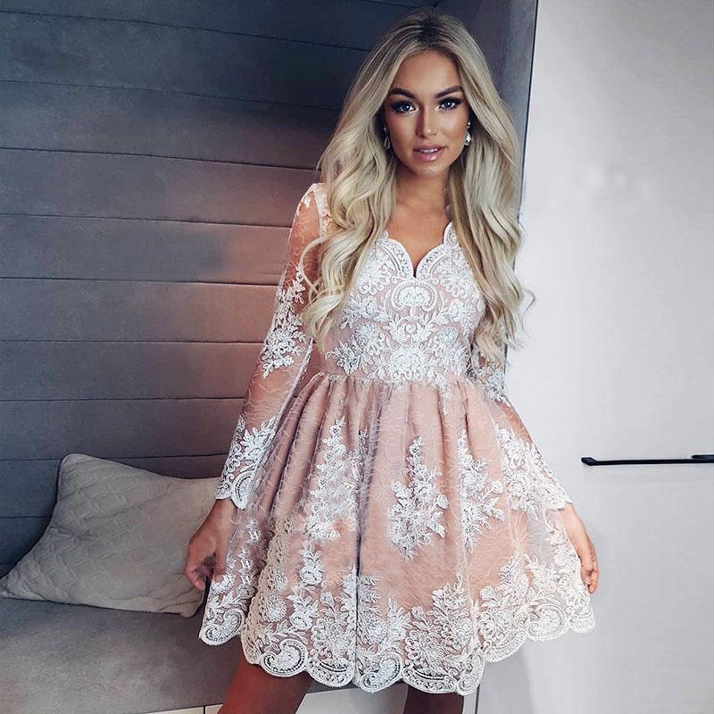 A-Line V-neck Long Sleeves Short Pink Homecoming Dress with Appliques HD0023 - Tirdress