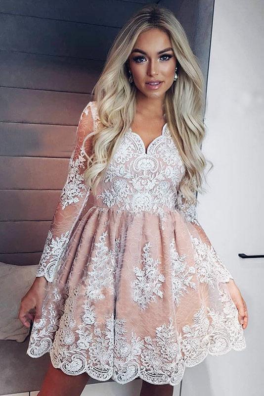 A-Line V-neck Long Sleeves Short Pink Homecoming Dress with Appliques HD0023 - Tirdress