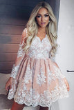 A-Line V-neck Long Sleeves Short Pink Homecoming Dress with Appliques  HD0023