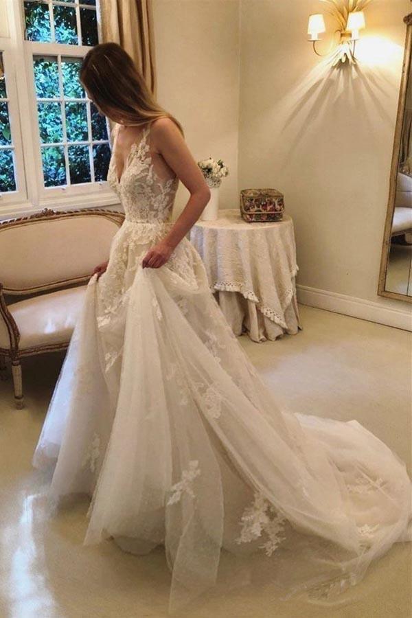 A-Line Vintage Rustic Wedding Dresses V Neck Lace Bridal Gown TN270 US18 / Custom Color A-Line Vintage Rustic Wedding Dresses V Neck Lace Bridal Gown TN270 US18 / Custom Color