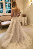 A-Line Vintage Rustic Wedding Dresses V Neck Lace Bridal Gown TN270