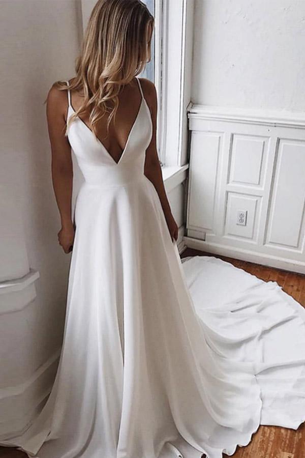A-Line White Chiffon Spaghetti Straps Lace Backless Wedding Dress TN200 - Tirdress
