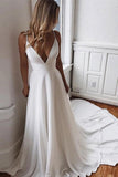 A-Line White Chiffon Spaghetti Straps Lace Backless Wedding Dress TN200